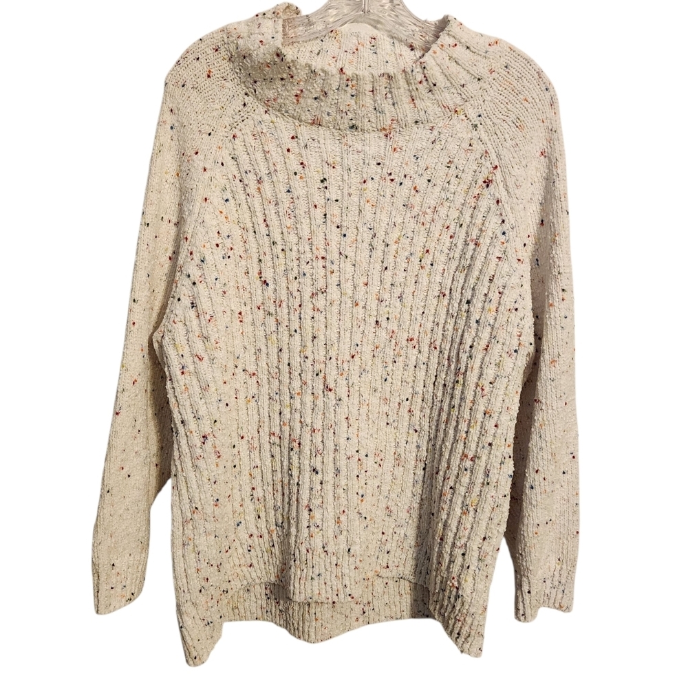 Terra & Sky | Women's Cream Mockneck Multi-Color Designed Sweater (Size 1X)